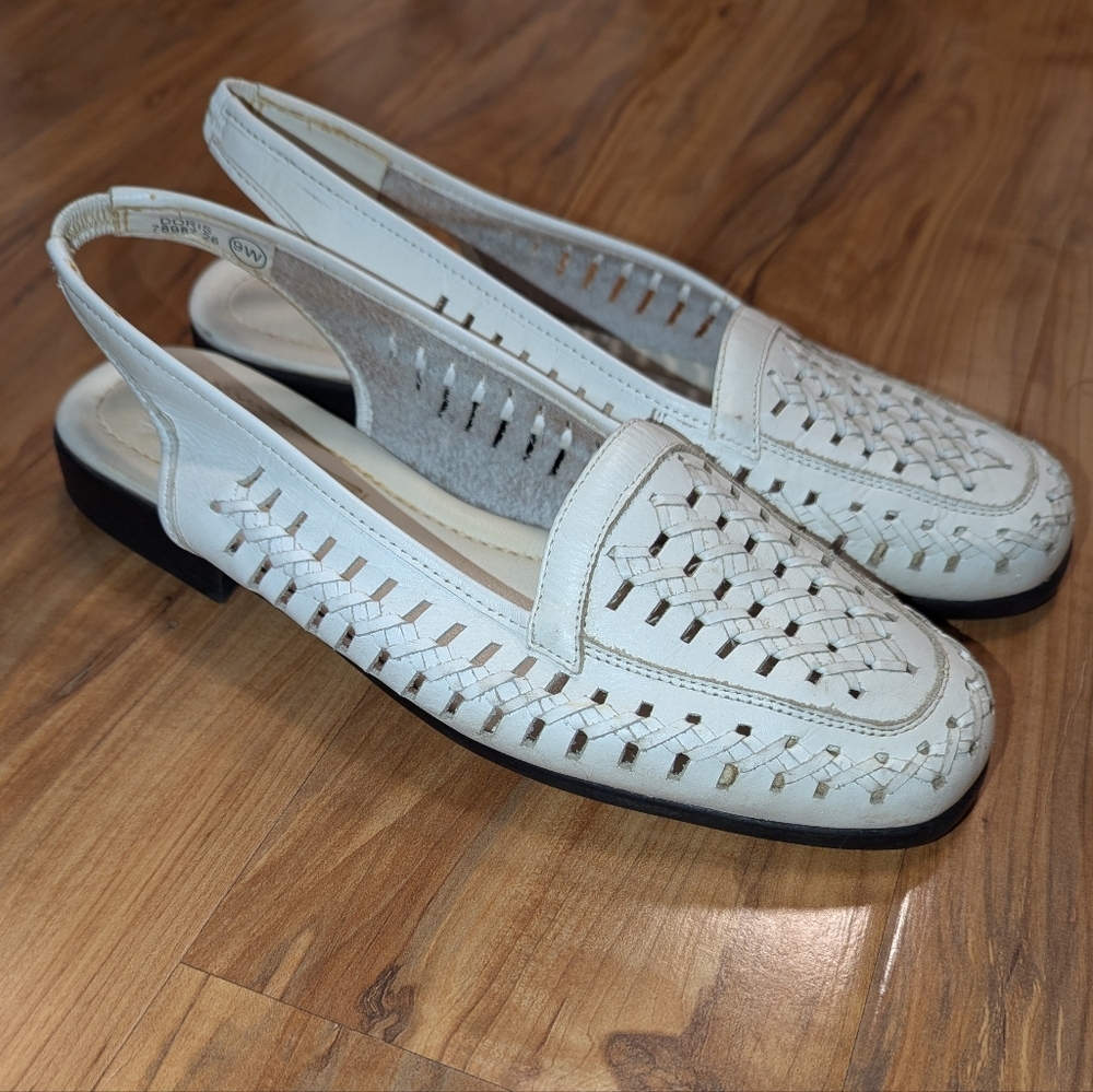 VTG‎ Woven Leather Slingback Sandals Women's 9 Doris Fisherman White Cottagecore